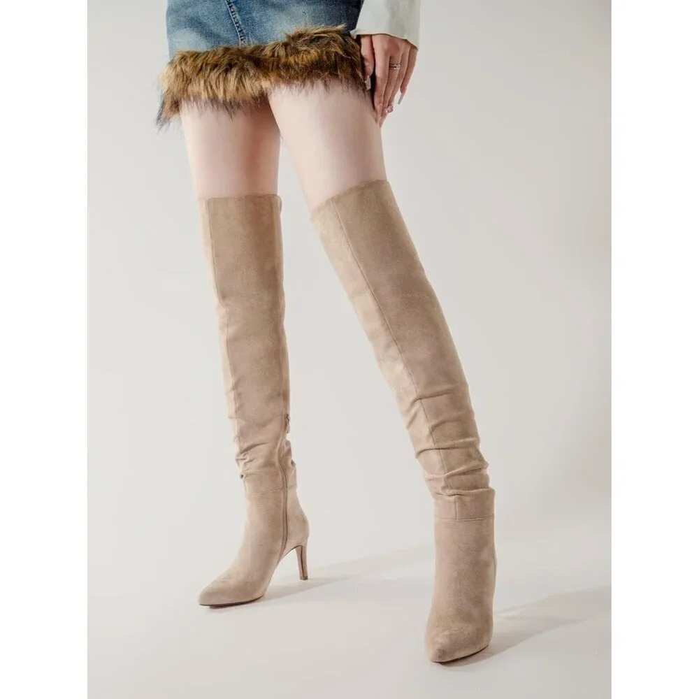 Women Khaki Polyurethane Over The Knee Stiletto Heel Pointed Toe Long Boots